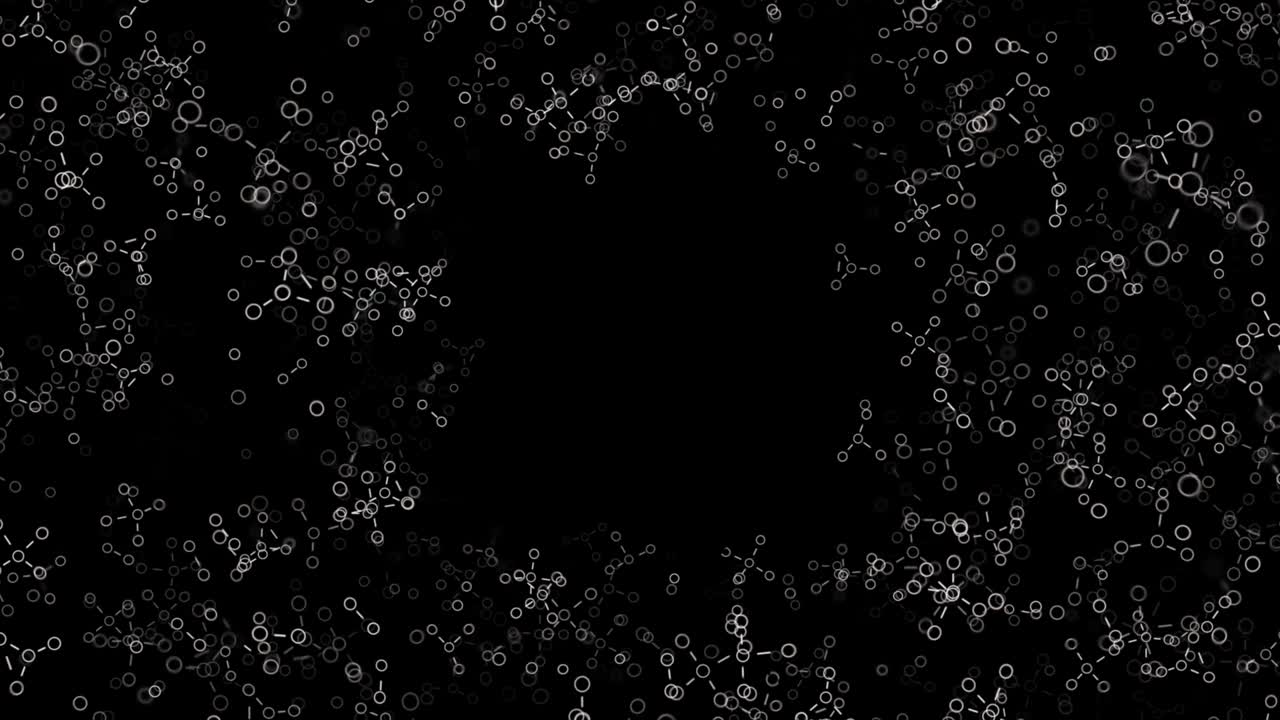 Abstract white schematic chemical formulas creating a ring on a black background, seamless loop. Animation. Concept of science and medicine