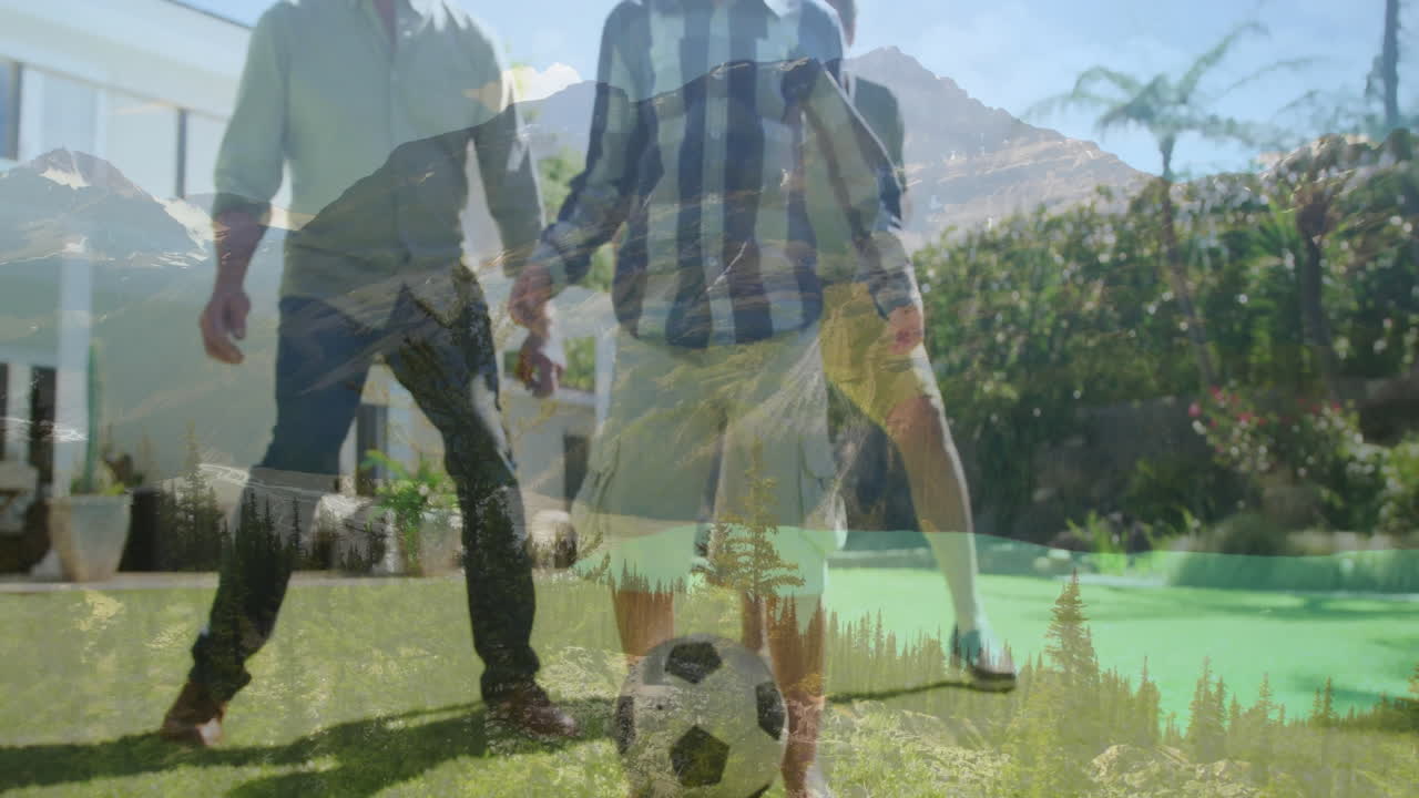 Man guiding child playing soccer on backyard lawn, showing mountain overlay boosting marketing