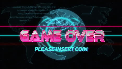 game over text animation over digital globe with code and graphs