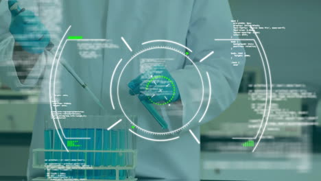 animación del procesamiento de datos científicos sobre un científico masculino en el laboratorio