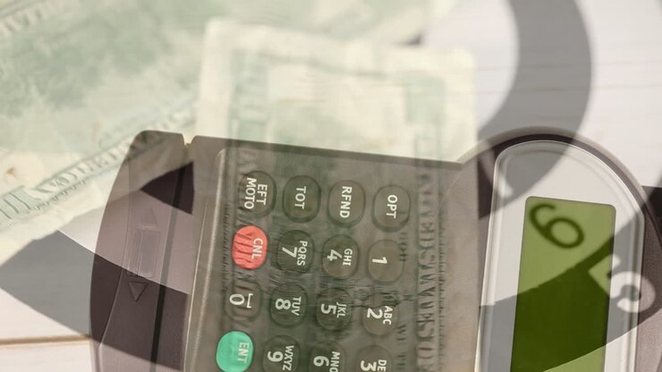 Animation af betalingsterminal til kreditkort over dollarsedler på en roterende målskive.