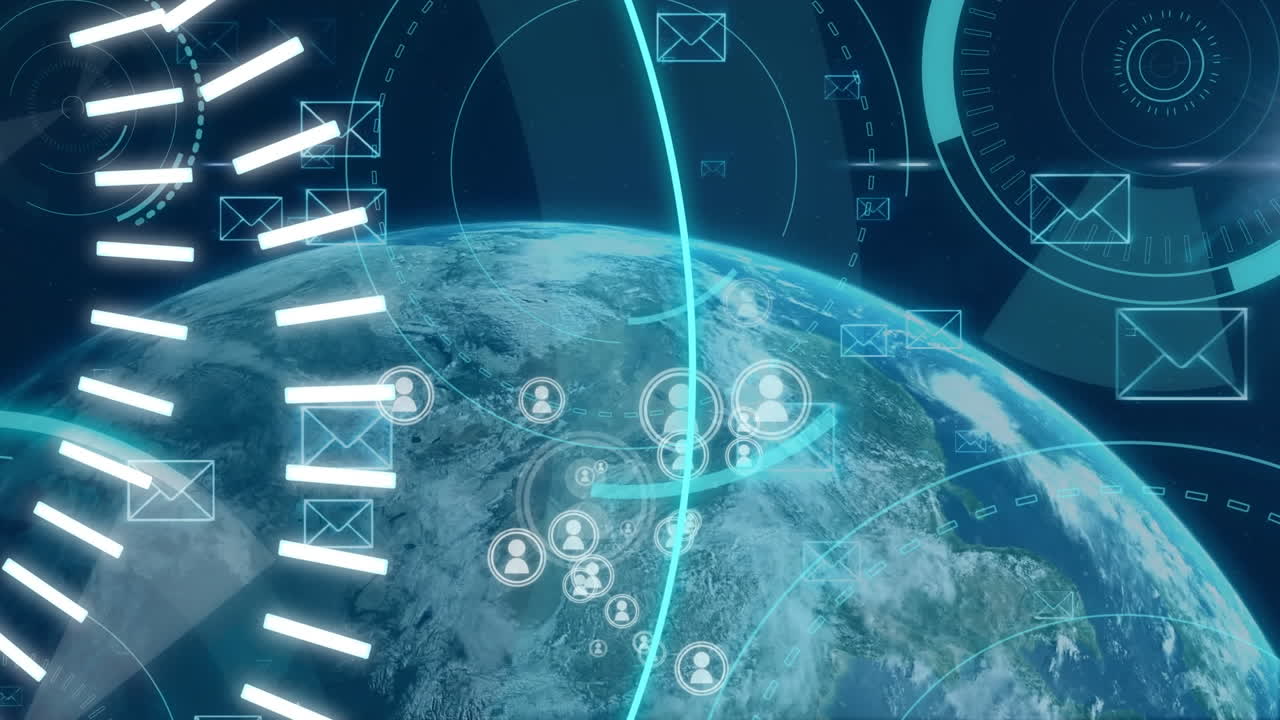 анимация текста 5g, сканирование масштабов и сеть соединений на планете земля