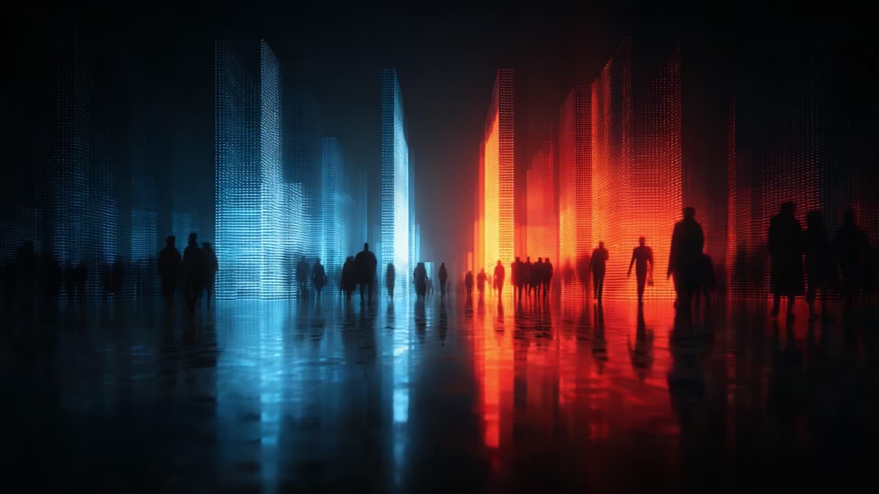 A captivating visual representation of contrasting forces, showcasing shadows of figures amidst luminous digital landscapes that evoke a sense of duality and harmony