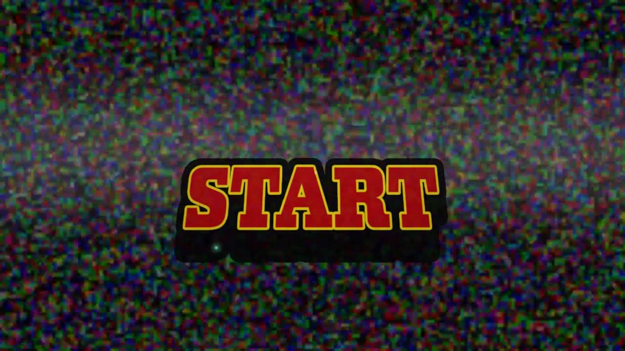 animación de la palabra comienzo escrita en letras rojas sobre rayas de error en movimiento