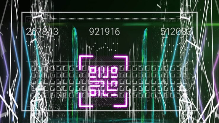 Animation of data processing with qr code over shapes on black background