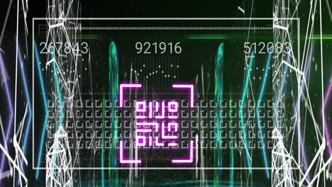 Animation-Der-Datenverarbeitung-Mit-QR-Code-über-Formen-Auf-Schwarzem-Hintergrund