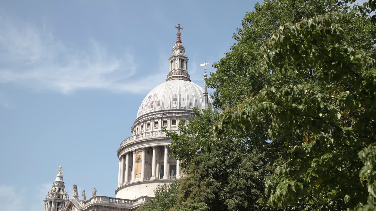 Wide shot of St. Paul's Cathedral with trees in foreground