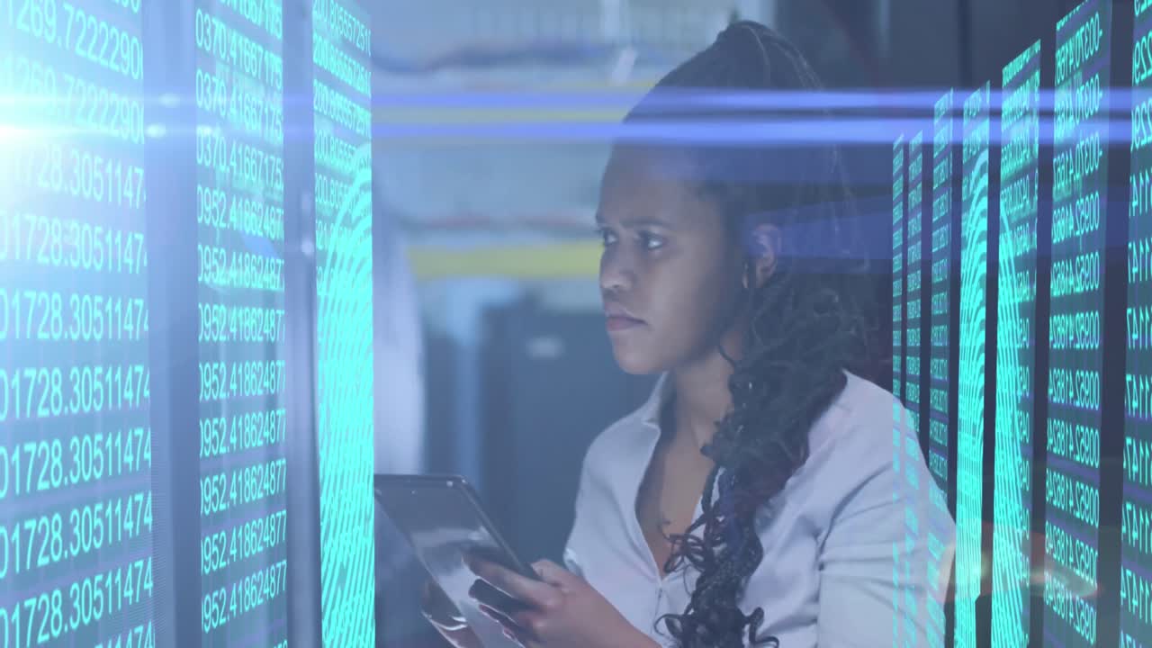 Animation of data processing and lights over african american woman working in server room