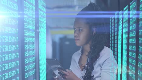 animación de procesamiento de datos y luces sobre mujer afroamericana trabajando en la sala del servidor