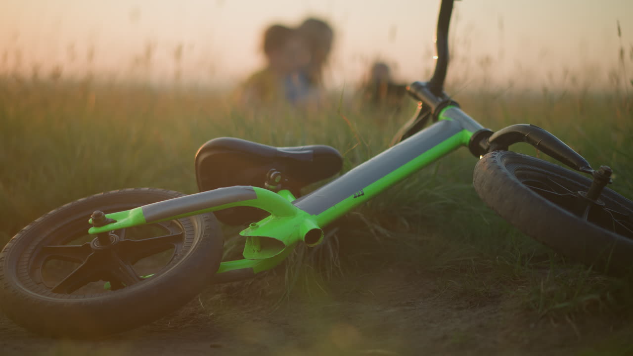 Close-up of a vibrant green bicycle laid back in a grassy field, with a blurred family enjoying nature in the soft background