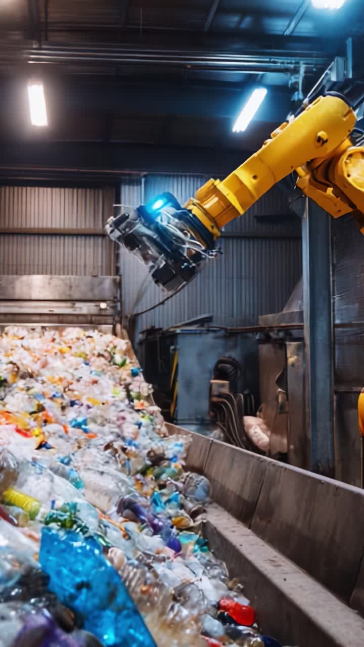 Automated Sorting Process at a Recycling Facility with Robotic Arm Handling Plastic Waste Amidst a Mountain of Recyclable Materials