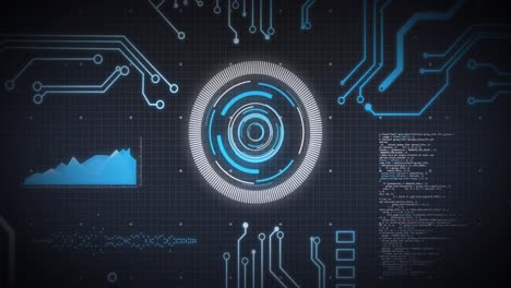 animación del escaneo del alcance, los elementos del procesador y el procesamiento de datos sobre la cuadrícula sobre fondo azul