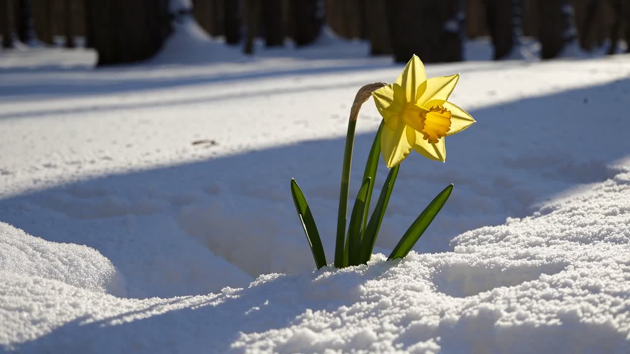 Un'inquadratura dal basso di una vivace giunchiglia gialla che emerge dalla neve, a simboleggiare resilienza e speranza