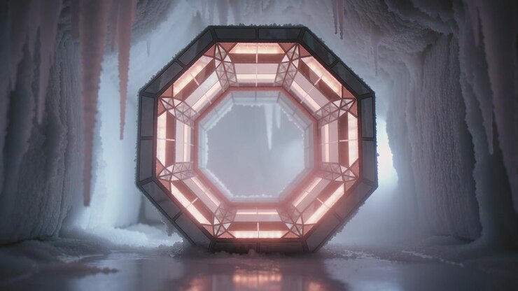 Modulo ottagonale luminoso in vetro e metallo con luci interne che cambiano colore all'interno di una caverna ghiacciata