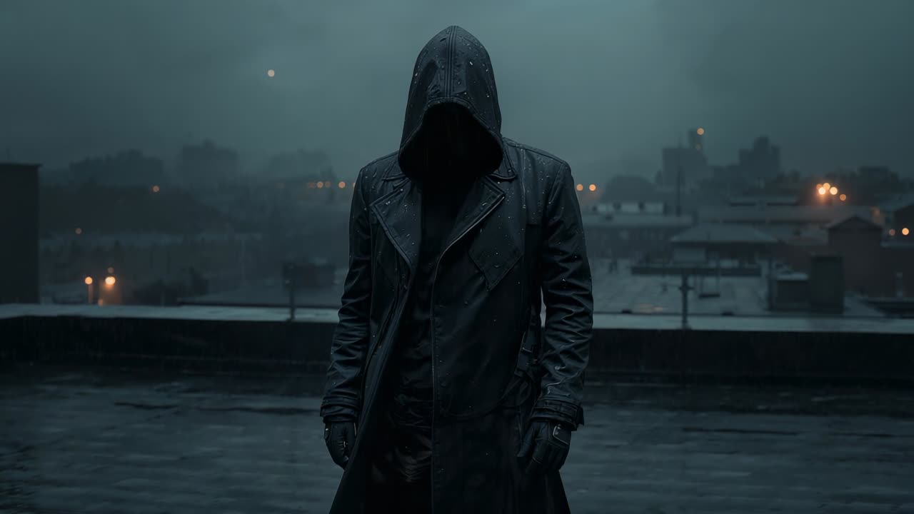 Camera framing hooded figure in dark raincoat maintaining silent vigil on rooftop, with city lights