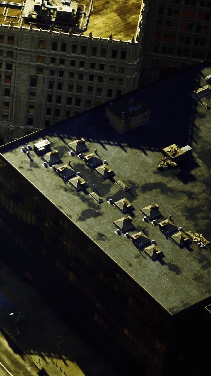 Rooftop workers completing tasks during the day in a city setting