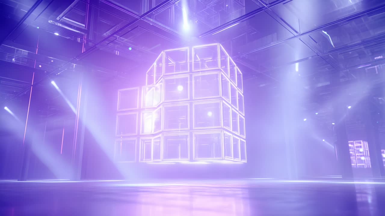 A mesmerizing floating cube illuminated in vibrant purple and blue hues, surrounded by glowing lights and a reflective surface, creating an ethereal atmosphere in a futuristic space