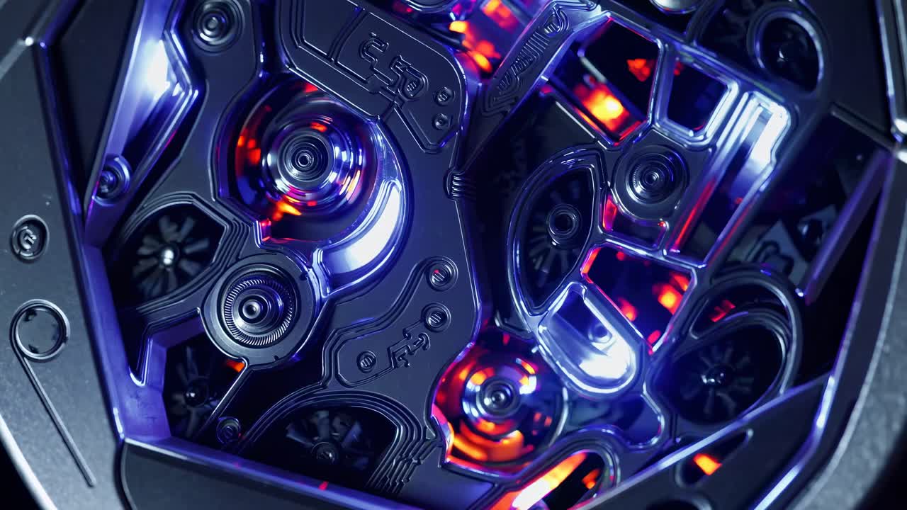 Close-up video of intricate mechanical gears with glowing orange lights, shot from a top-down angle