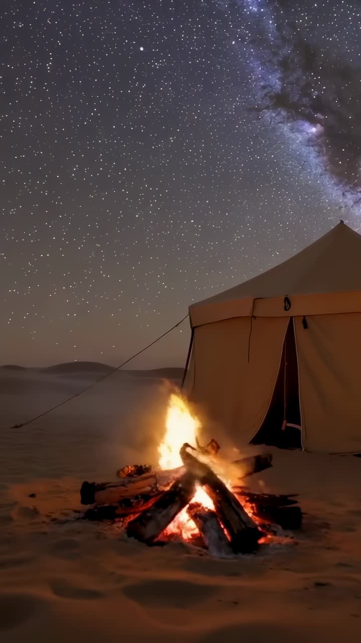Video verticale: braci che scoppiettano mentre il fuoco divampa e si placa in un accampamento nel deserto con tenda, spazio per il testo