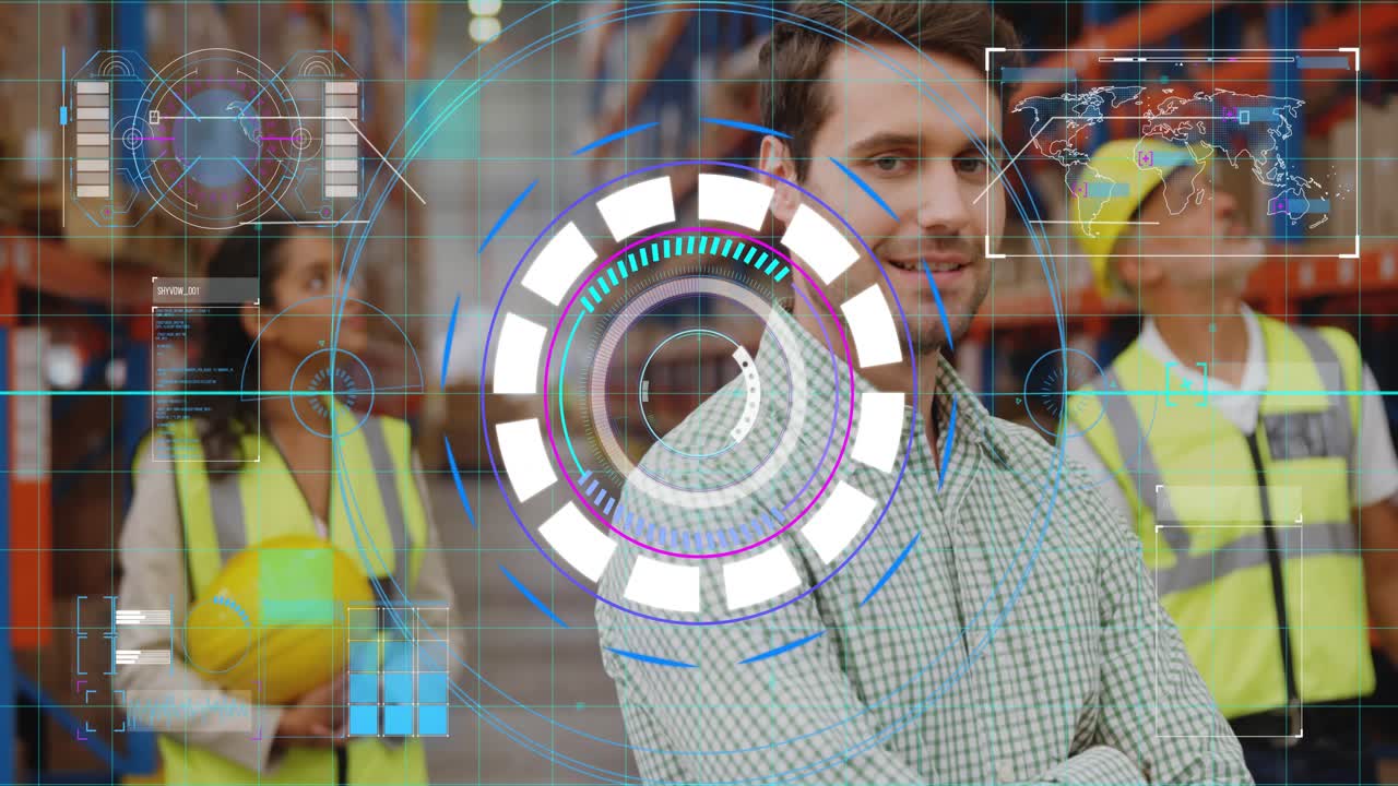 lead turning to camera while HUD appearing and centering over torso, marking racks for inspection