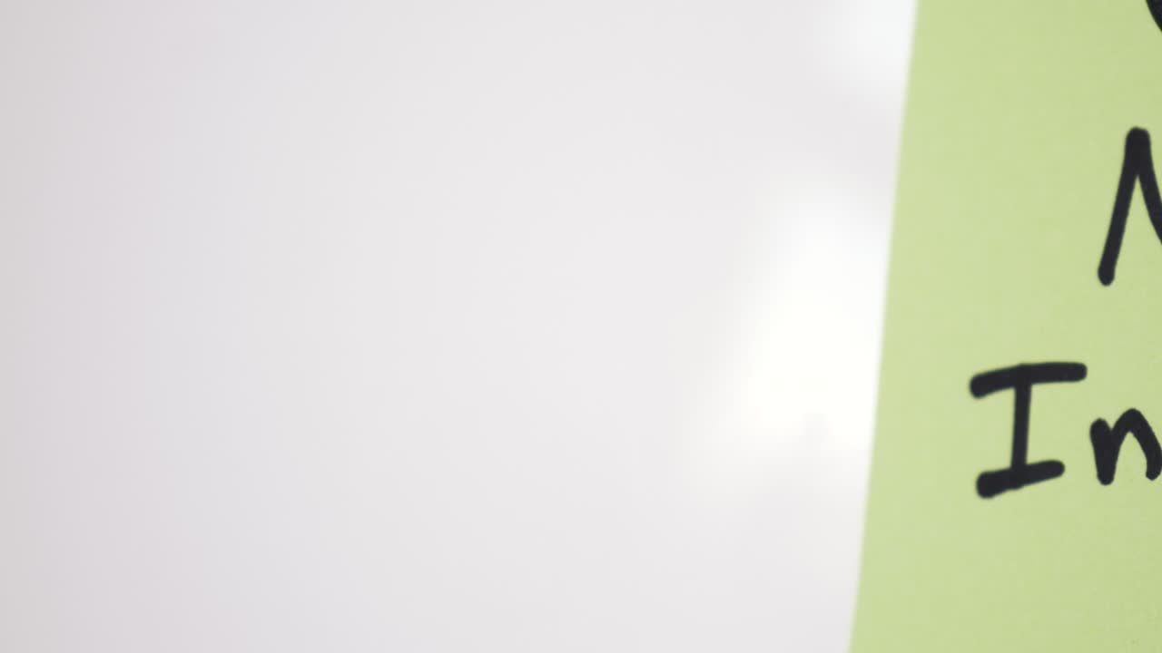 Pan reveal of Net Income text on green note held by magnet on whiteboard with selective focus