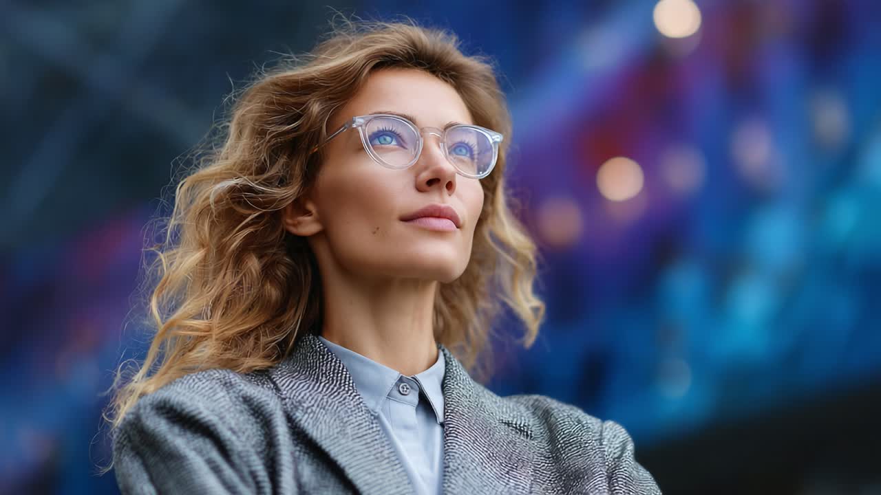 Una donna d'affari sicura di sé in un abito elegante guarda al futuro, cogliendo le opportunità con determinazione ed eleganza su uno sfondo vivido