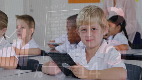 children in classroom using tablets, data processing animation over them