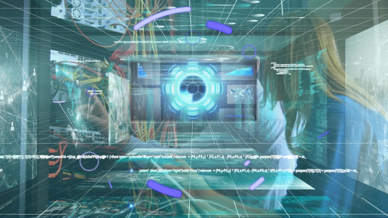 Animation of data processing over eye icon and caucasian workers in server room