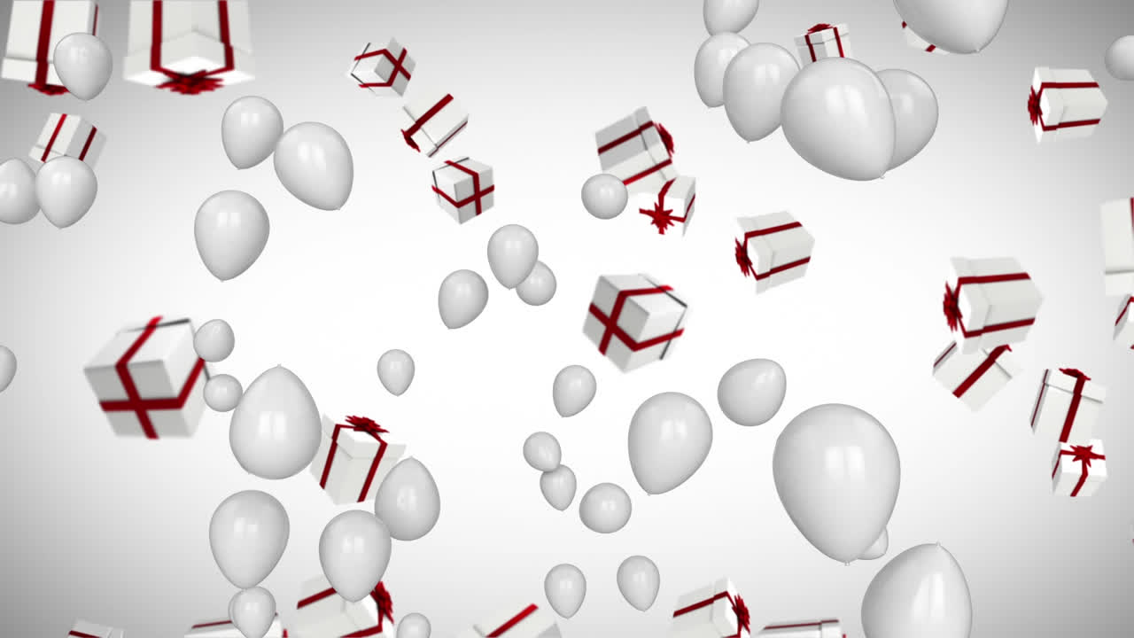 색 배경에 떨어지는 색 풍선과 선물의 애니메이션