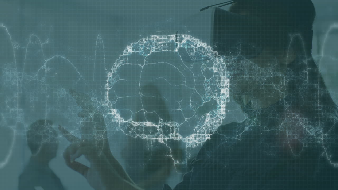 Animation of brain and medical data processing on interface, over smiling woman using vr headset