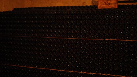 filas de botellas de vino en un sótano débilmente iluminado