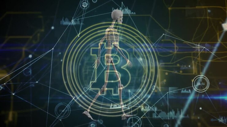 Animazione di scheletro e Bitcoin su elaborazione dati su sfondo nero