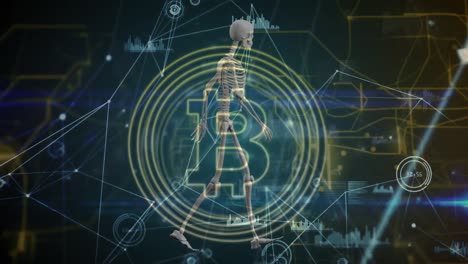 animación del esqueleto y bitcoin sobre el procesamiento de datos en fondo negro