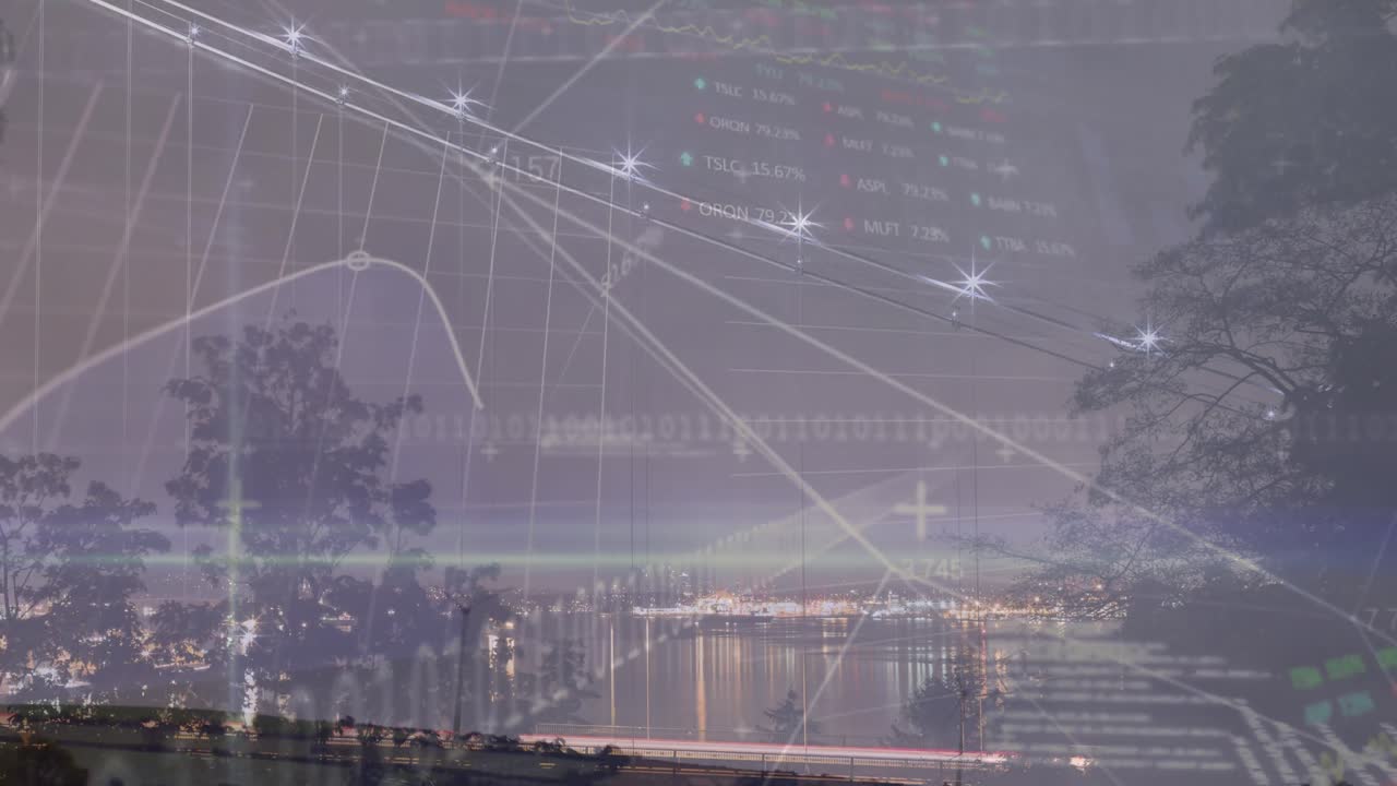 그래프의 애니메이션, 거래 보드, 바이너리 코드, 컴퓨터 언어 나무와 호수와 도시에 대한