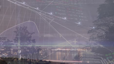 animación de gráficos, tablero de comercio, códigos binarios, lenguaje de computadora sobre árboles y lago contra la ciudad