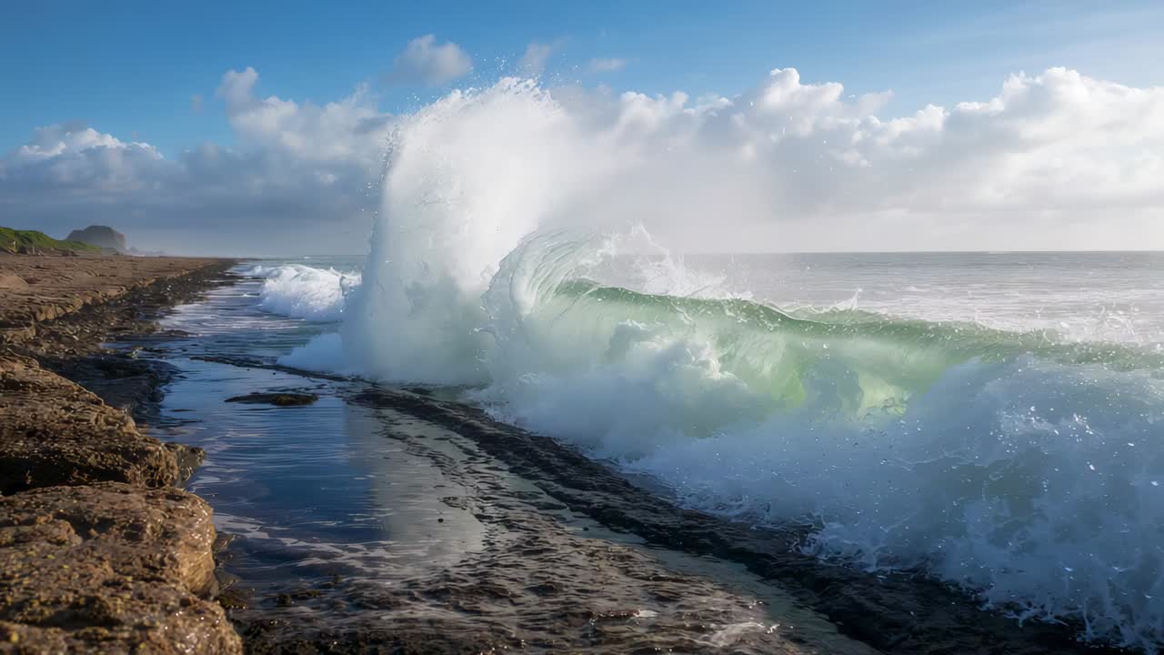 Approaching ocean swell crashing against rocky shore platform, ejecting sea spray and frothy foam