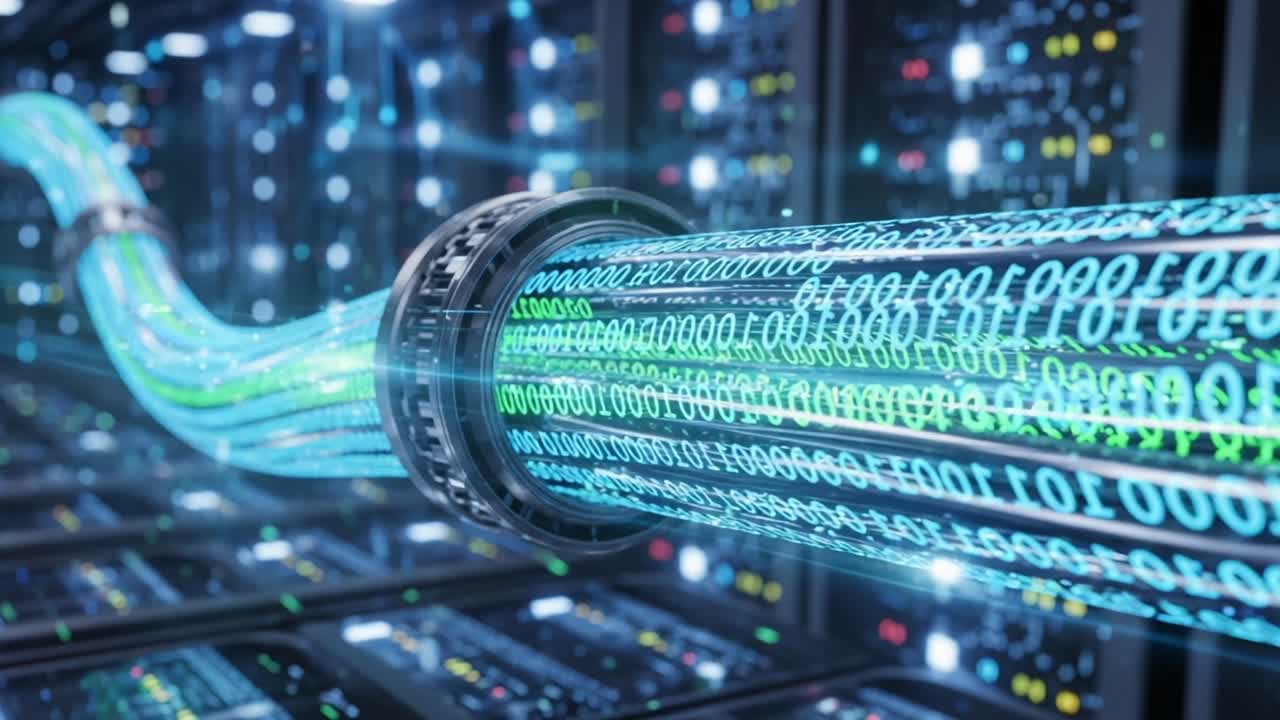 An Intricate Data Flow: Visualizing the Transfer of Binary Information Through Cables in a High-Tech Server Environment