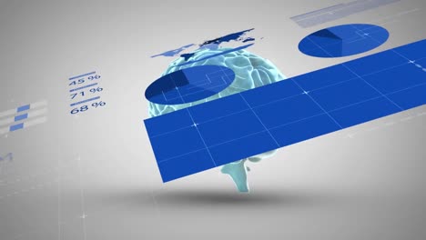animación del procesamiento de datos estadísticos sobre el icono giratorio del cerebro humano contra un fondo gris