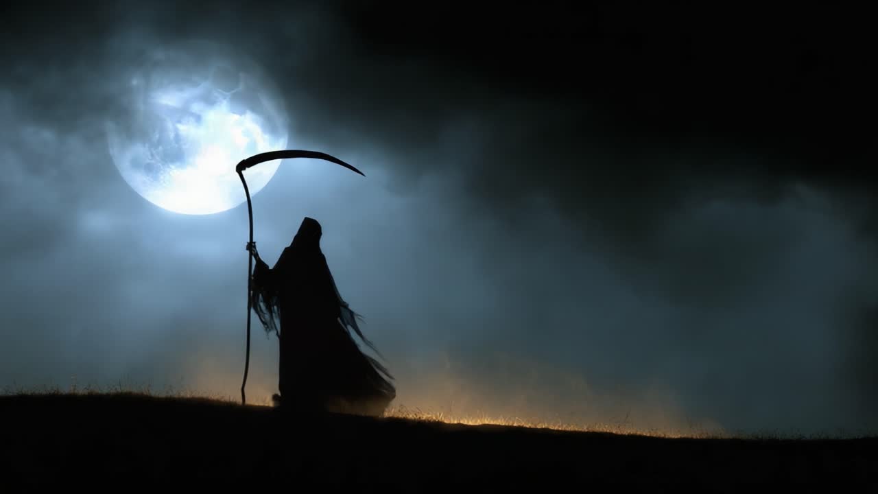 La presenza inquietante di una figura incappucciata sotto una luna piena in un paesaggio oscuro e minaccioso, che evoca un senso di mistero e sinistra attesa