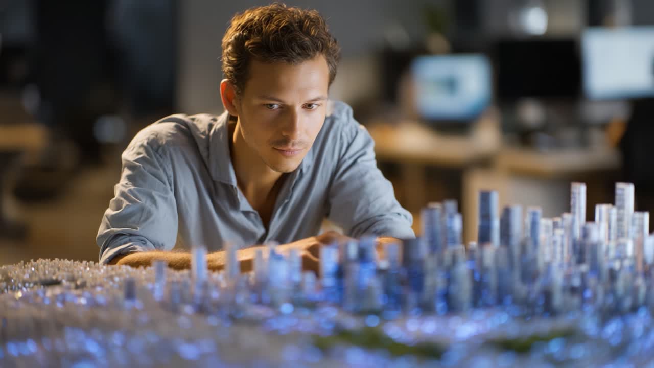 Un individuo concentrato esamina un intricato modello di città in miniatura, evidenziando creatività e precisione nella progettazione urbana mentre interagisce con l'architettura dettagliata
