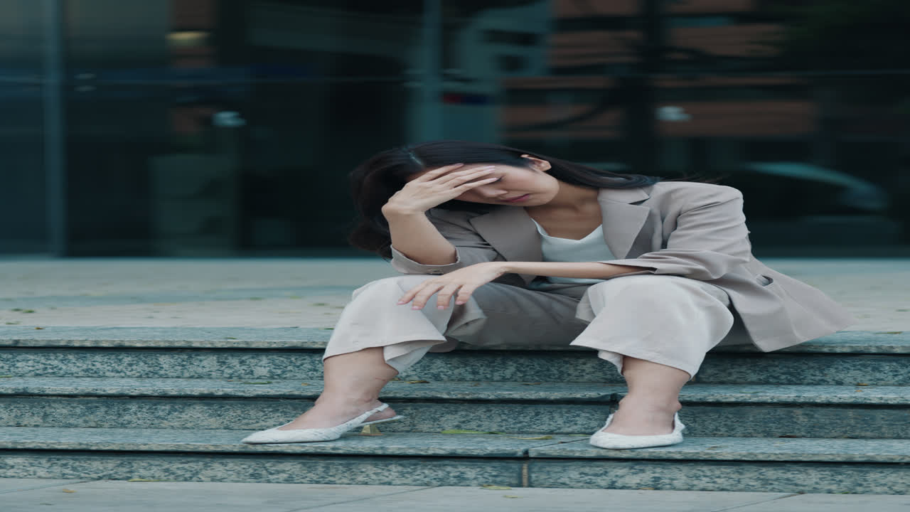 Stressed Businesswoman Sitting on Stairs