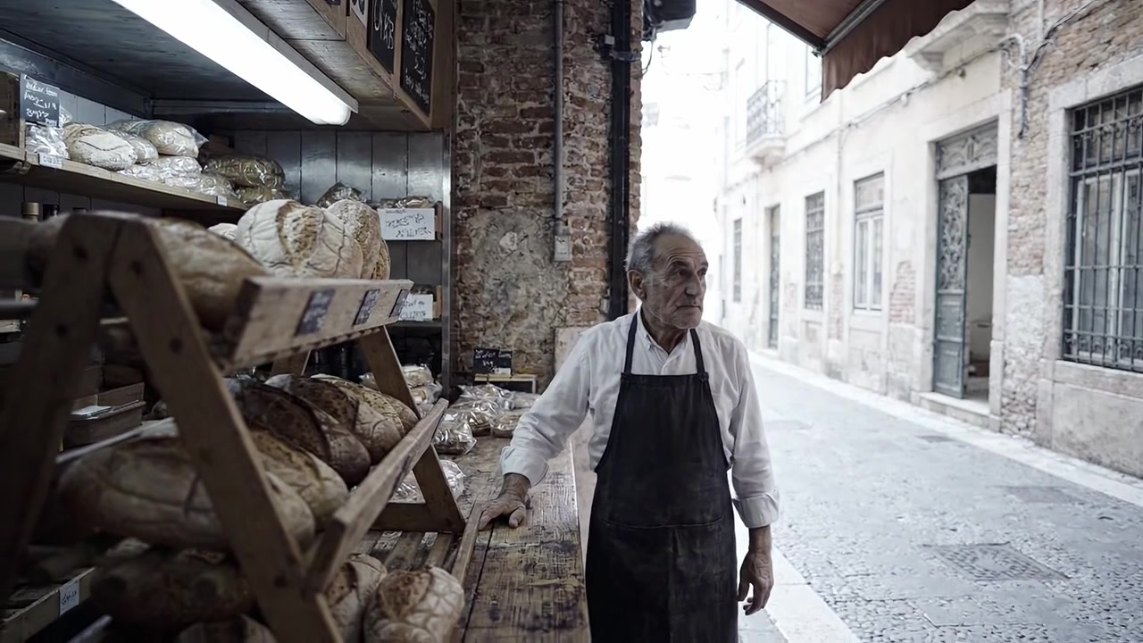 Un fornaio sta orgogliosamente nel suo negozio rustico, circondato da pane appena sfornato, mentre la luce del sole filtra attraverso la porta aperta su una pittoresca strada acciottolata all'esterno.
