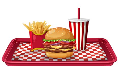 animation of a burger, fries, and drink assembling on a checkered tray with smooth transitions and vibrant colors