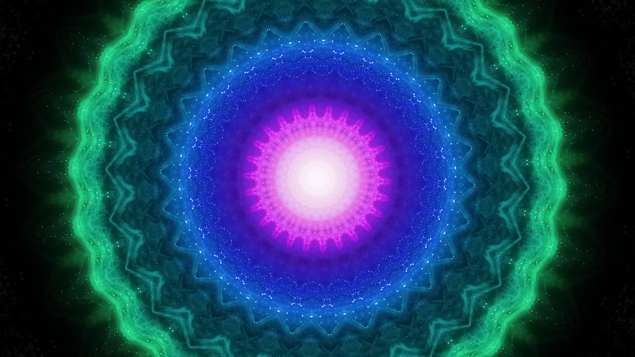 círculo vj. caleidoscopios de disco con fondo de neón brillante líneas coloridas y formas geométricas. fondo de renderización 3d