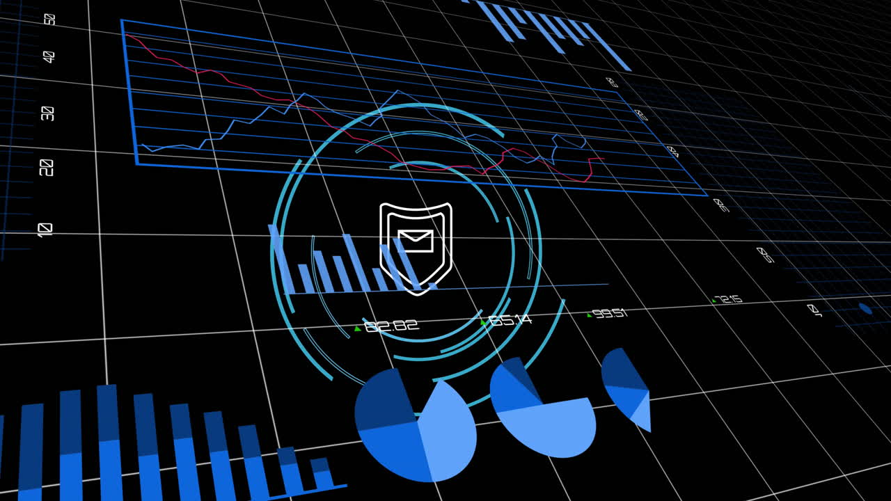 Animation of statistical data processing and security shield icon against black background