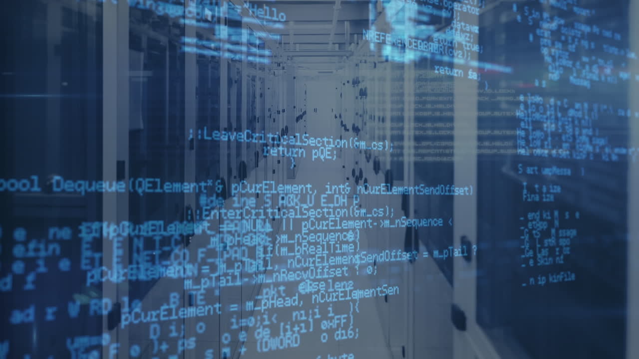 Animation of data processing against empty computer server room