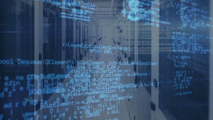 Animation of data processing against empty computer server room
