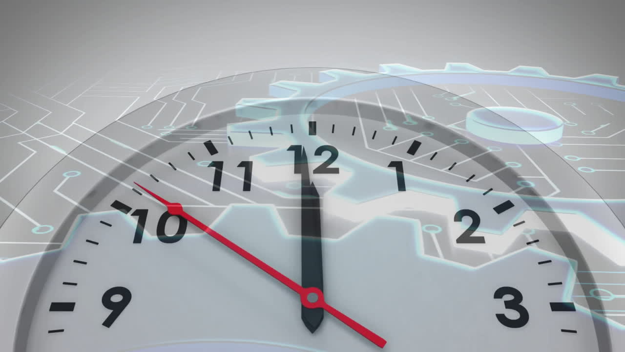animación de un reloj en movimiento sobre una placa de circuitos de computadora y ruedas dentadas sobre un fondo blanco