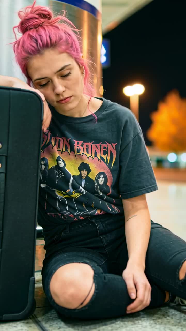 Vídeo vertical: Mulher sentada, coque rosa, camiseta de banda, jeans rasgados, apoiada na mala, esperando no terminal.