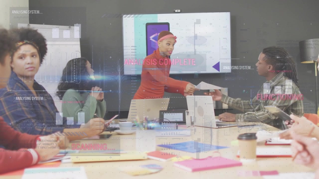 Animation of financial data processing over diverse business people in office